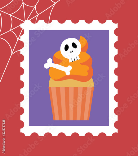 Cute Halloween stamp-style illustration: Cupcake with a skull decoration.