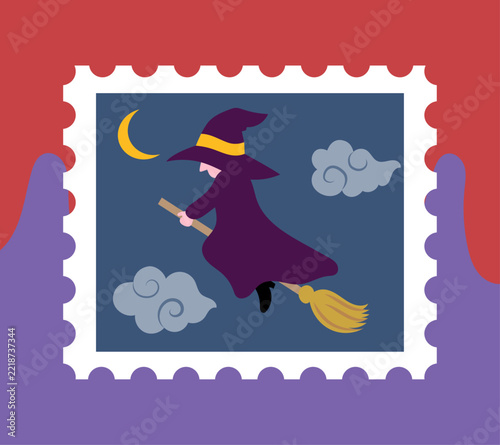 Cute Halloween stamp-style illustration: a witch flying through the night sky on a broomstick.