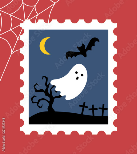 Cute Halloween stamp-style illustration: ghost and bat.