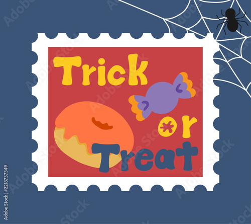 Cute Halloween stamp-style illustration – donuts, candy, and 