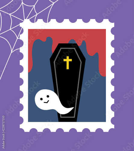Cute Halloween stamp-style illustration: Coffin and ghost.