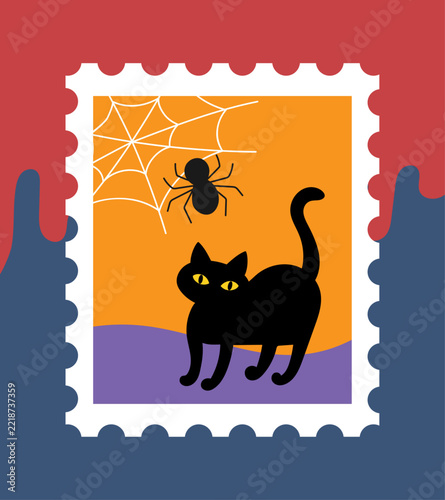 Cute Halloween stamp-style illustration – black cat and spiderweb.