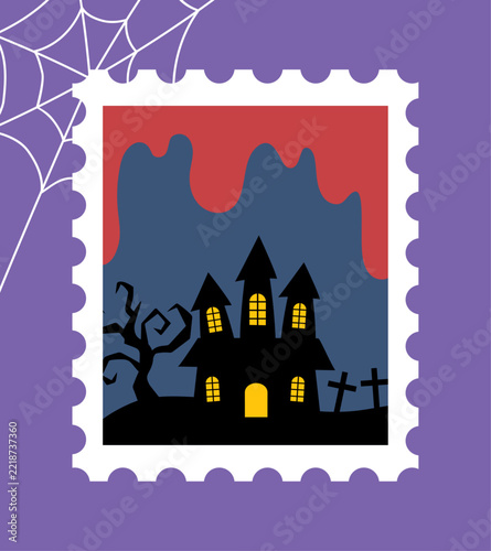 Cute Halloween stamp-style illustration: A night scene featuring a mansion and a graveyard.