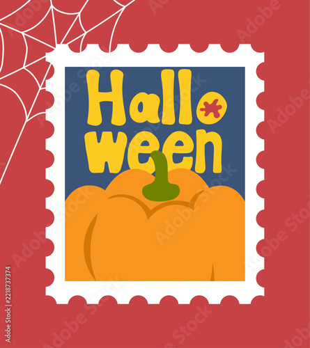 Cute Halloween stamp-style illustration – yellow pumpkin and 