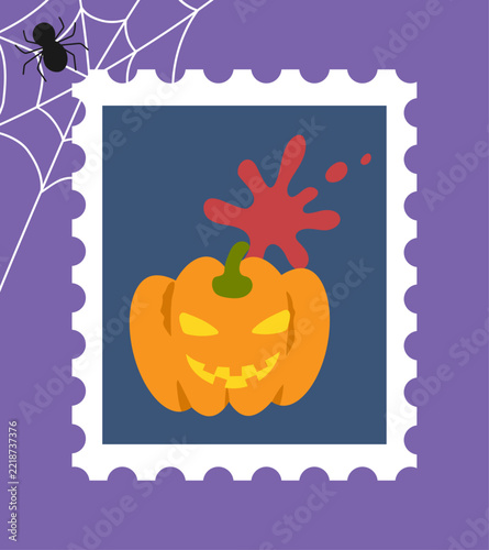 Cute Halloween stamp-style illustration: Jack-o'-lantern and blood splatters.