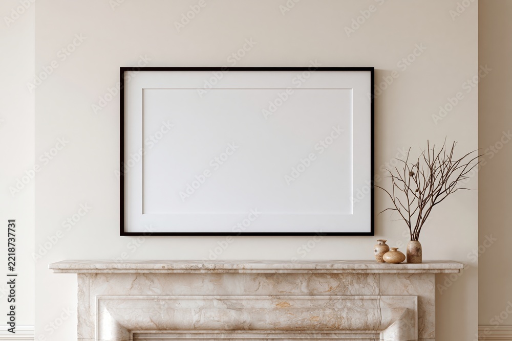 Naklejka premium The Blank White Frame Above Marble Fireplace in Neutral Minimalist Living Room