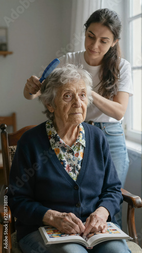 Young woman brushing the hair of an elderly woman by a window