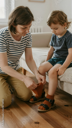 Woman helping a young child put on a knitted sock