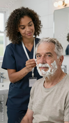 Young Black female caregiver shaving an elderly Caucasian man in a bathroom