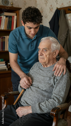 Young man leaning towards an elderly man in a wooden armchair
