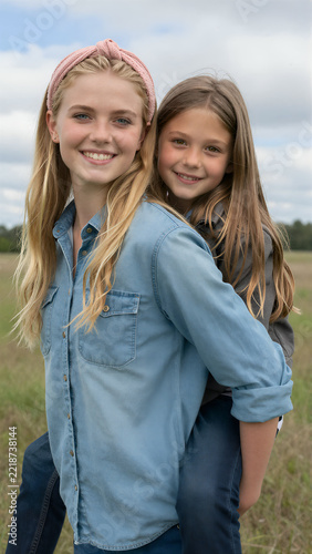 Caucasian woman giving a piggyback ride to a young girl outdoors