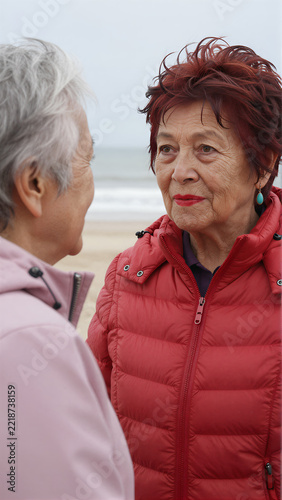 Two elderly women talking outdoors by the coast
