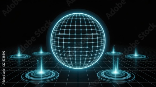 Digital sphere formed by glowing wireframe dots stands at the center of glowing cybernetic platforms on a dark futuristic grid.
