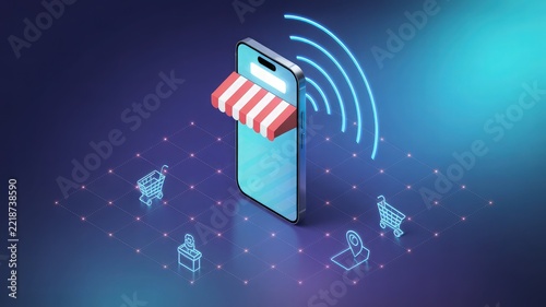 Smartphone featuring an online store awning stands on a digital grid surrounded by various e-commerce icons on a dark background.