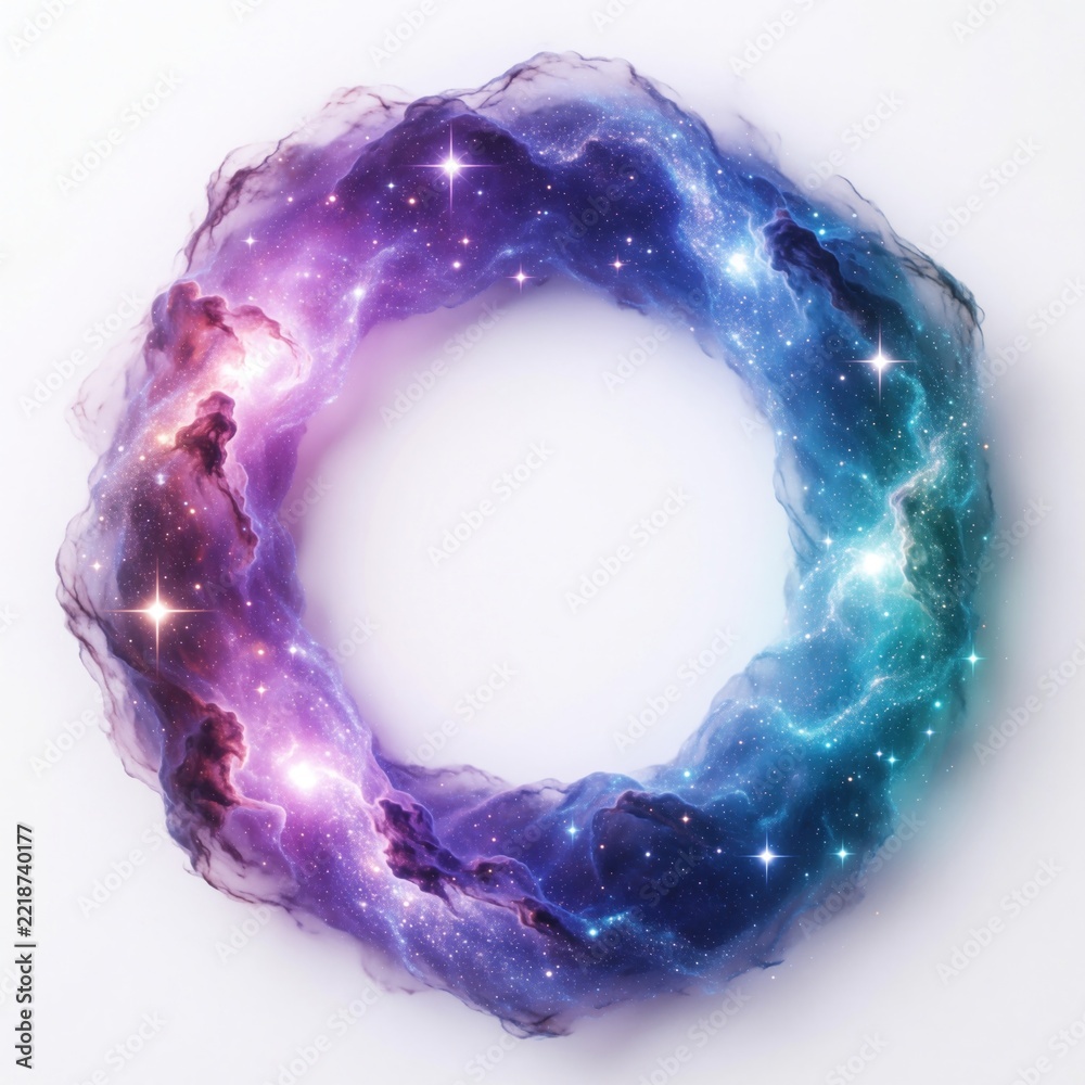 Fototapeta premium Colorful nebula ring with glowing stars on white background. Cosmic galaxy circle features bright blue pink, purple clouds. Abstract space element with sparkling light, magic celestial textures for