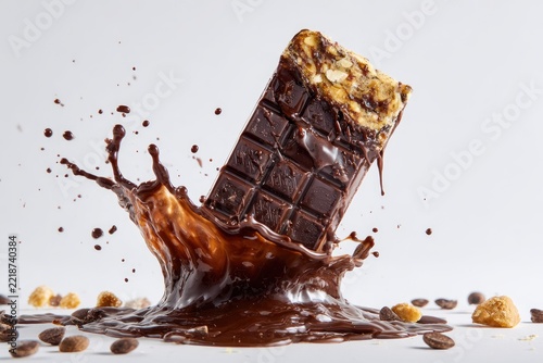 Chocolate bar, in mid-air, with a splash of melted chocolate