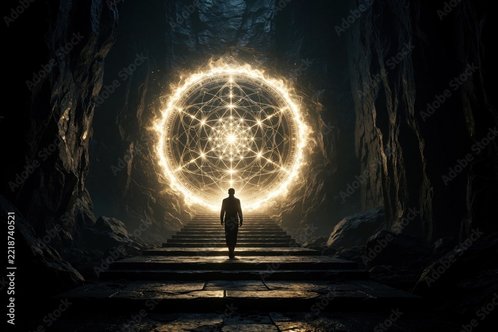 Fototapeta premium Lone man walks toward glowing golden portal in dark stone cavern. Silhouette figure approaches mystical magic circle with sacred geometry pattern. Traveler finds light entrance through rocky tunnel
