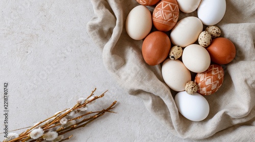 Easter eggs and willow branches arranged on a rumpled linen cloth on a light surface
