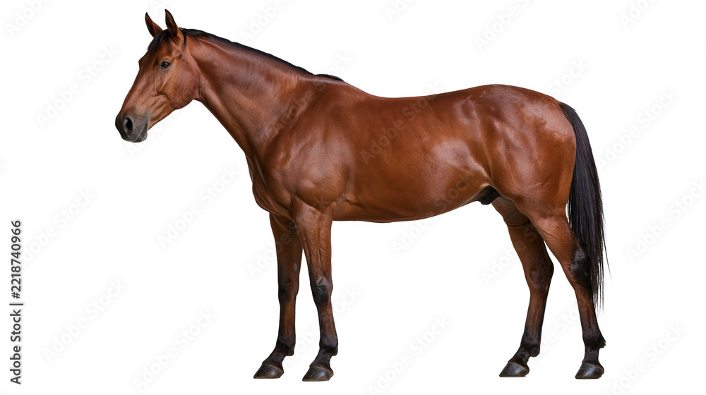 Fototapeta premium Muscular bay horse standing in profile with dark mane and tail