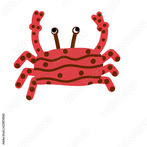 Red cartoon crab with brown spots, raised claws, eye stalks and wavy shell markings
