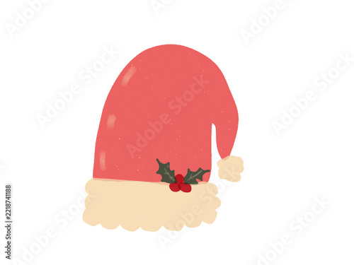 Red Santa Christmas hat with fluffy cream trim, pompom and festive holly decoration