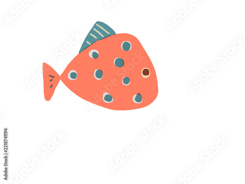 Cute coral red cartoon fish with blue green spots, striped fin and rounded body
