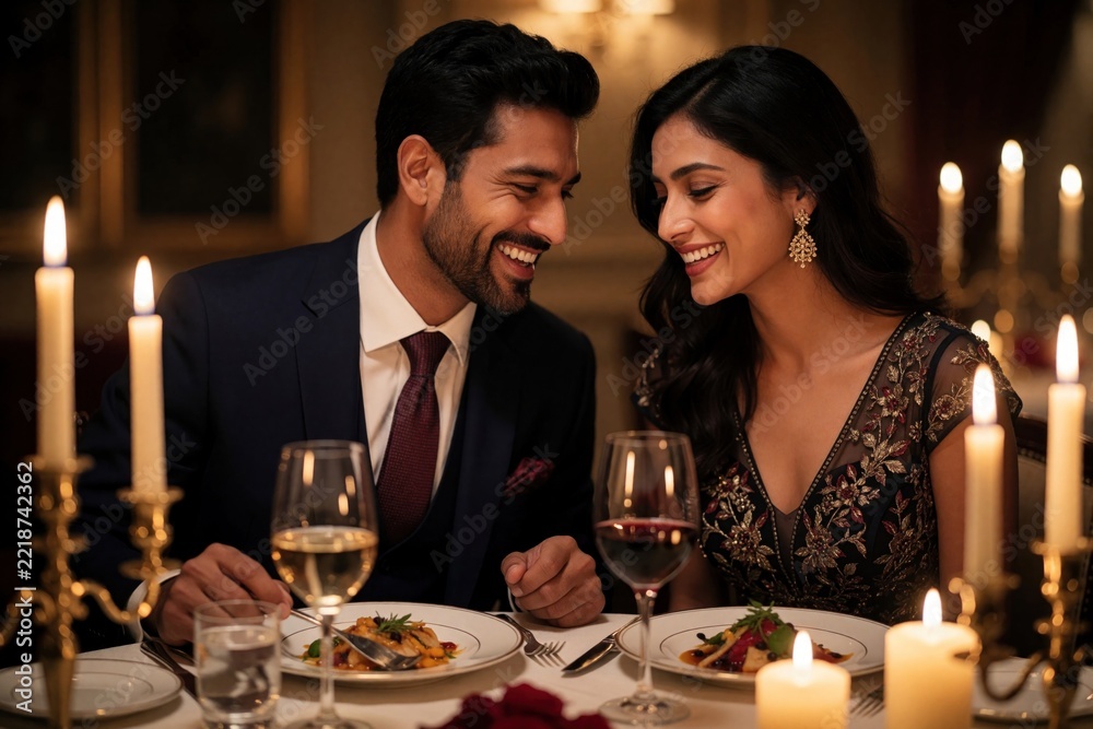 Fototapeta premium Happy young couple enjoys romantic candlelit dinner in luxury restaurant. Man in suit, woman in elegant dress smile at. Share fine dining meal with wine at night. Lovers celebrate special anniversary