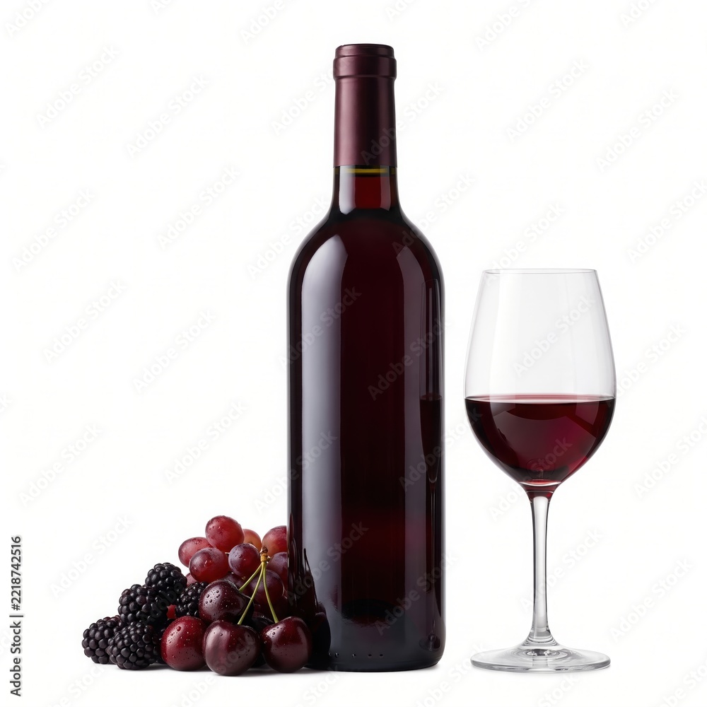 Obraz premium Bottle of red wine with glass and fresh fruit isolated on white background