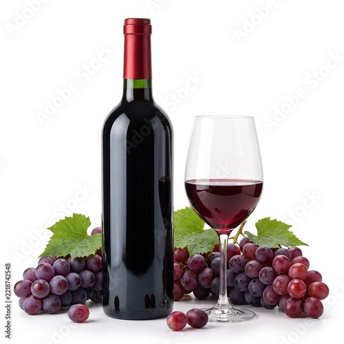 Bottle of red wine and glass with grapes isolated on white