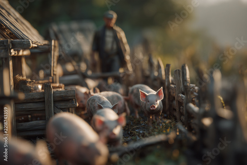 Piglets walking in a rustic wooden farm pen at sunset