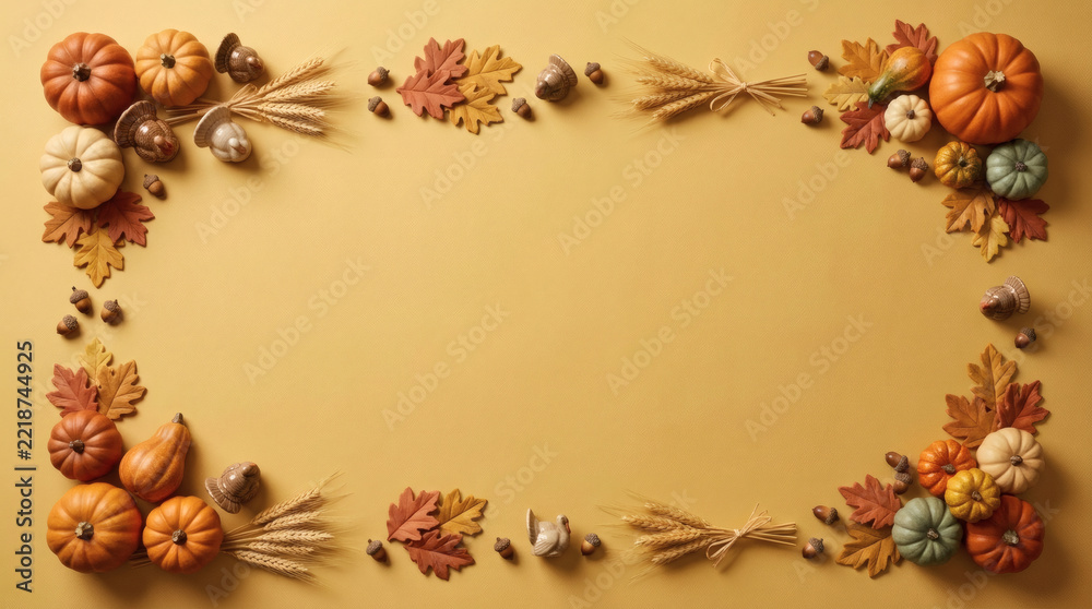 Fototapeta premium Thanksgiving autumn harvest frame with pumpkins and fall leaves