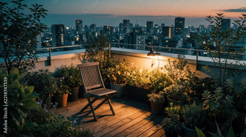 Fototapeta premium Modern rooftop garden with many potted plants on wooden terrace at twilight. Single grey chair sits near warm lamp overlooking bright city skyline. Urban oasis offers peaceful relaxation with scenic