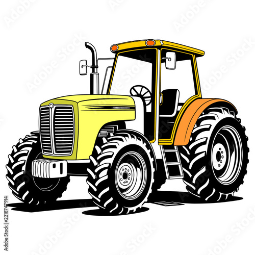 tractor on a white background, A bold farm tractor illustration in yellow-green hood and orange rear body panel with a enclosed cab