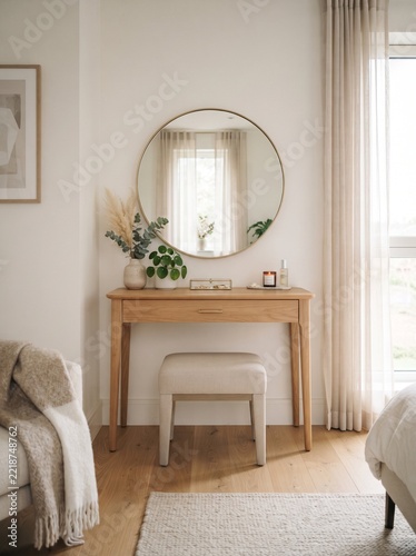 Staged Modern Bedroom Vanity with Wooden Dressing Table for Residential Interior