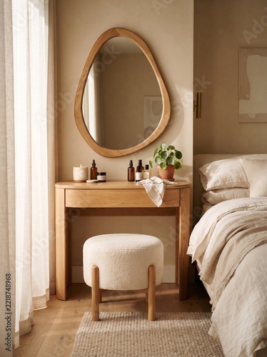 Premium Bedroom Self-Care Interior with Elegant Wooden Vanity and Warm Morning Sunlight