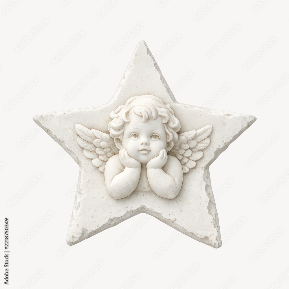 Fototapeta premium Stone angel sculpture with wings on a star-shaped background.