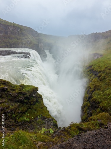 Gullfoss Waterfall Dropping into Deep Canyon Ravine Iceland