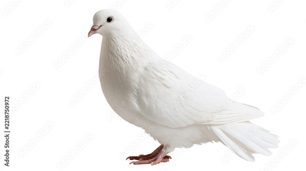 Fototapeta premium Elegant white dove standing with soft feathers and detailed beak