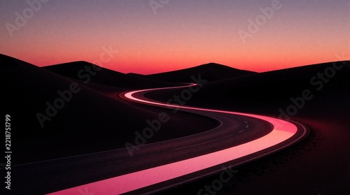 Winding road curves through dark desert dunes under vibrant sunset sky. Pink light glows on asphalt path during twilight. Scenic landscape with sand hills, colorful horizon creates sense of journey,
