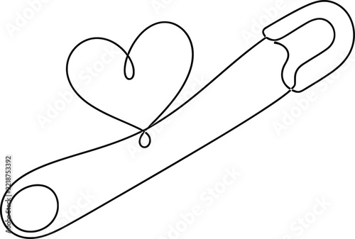 Safety Pin Heart Line Art Minimalist Love Symbol Continuous One Line Vector Illustration