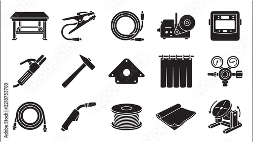 Welding equipment collection featuring tables ground clamps cables masks hammers gauges and coils black silhouettes for metal fabrication and repair industry.