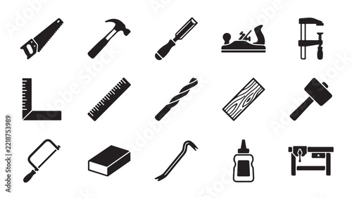 Set of carpenter work tools featuring hammers saws rulers and woodworking equipment black silhouettes on isolated transparent background for home craft projects.