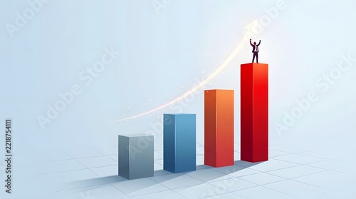 Business growth concept with ascending bars and a person climbing to success