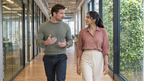 Two diverse colleagues walking and talking through modern office corridor — natural workplace conversation