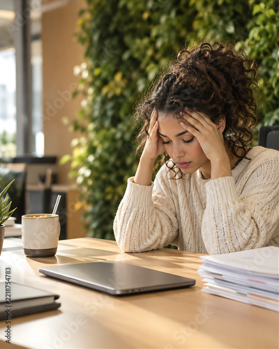 Stressed young professional with head in hands at desk — workplace overwhelm, mental health awareness