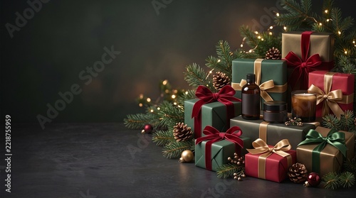 Festive Christmas gift boxes arranged on a dark background with pine branches and twinkling lights