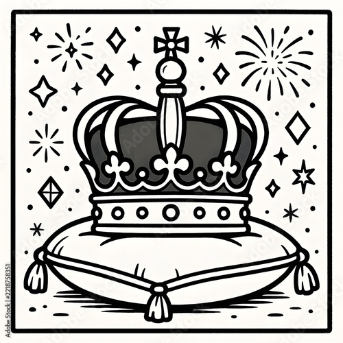 Vintage Crown Resting on a Cushion Surrounded by Decorative Fireworks and Sparkles in a Black and White Illustration