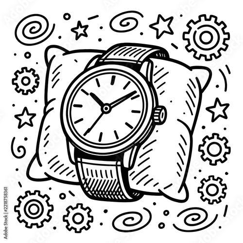 Hand-drawn Illustration of a Wristwatch on a Pillow with Gears and Stars Background in Black and White