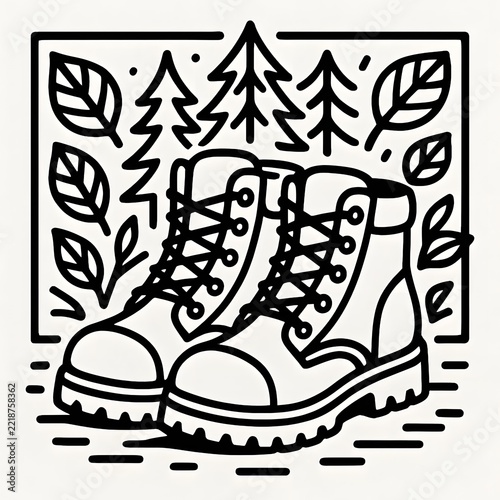 Black and White Line Drawing of Hiking Boots with Forest and Leaf Elements for Outdoor Adventure Illustration