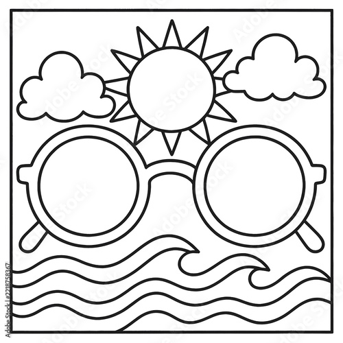 Black and white outline drawing of sunglasses with a sun, clouds, and wavy water beneath, perfect for coloring pages or artistic designs